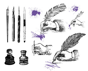 Vintage hand drawn hands writing with a feather pen. Vector set, engraving style. Inkwells, writing instruments and ink blots
