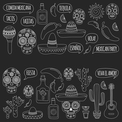 Day of the dead Mexico Vector set doodle icons Mexican party Blackboard background. Hello! How are you? Food and drinks.