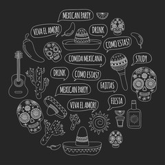 Day of the dead Mexico Vector set doodle icons Mexican party Blackboard background. Hello! How are you? Food and drinks.