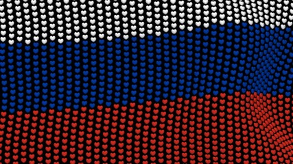 Russia flag is waving in the wind, consisting of hearts, on a black background.