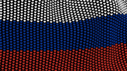 Russian flag is waving in the wind, consisting of hearts.