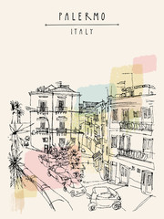 View of Palermo, Italy, Europe. Nice historical buildings, town square, car park, palm trees. Travel sketchy drawing. Touristic poster, postcard template, book illustration