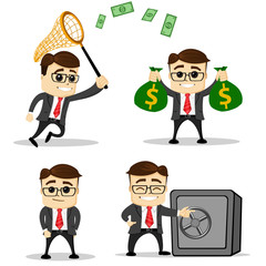 Set of cute characters businessman and office worker poses. Vector. Manager character. Safe.