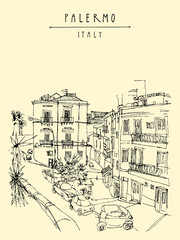 View of Palermo, Italy, Europe. Nice historical buildings, town square, car park, palm trees. Travel sketchy drawing. Touristic poster, postcard template, book illustration