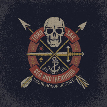 Pirate Skull logo in grunge style. Skull with a circular banner with a dagger and crossed arrows. Textures on separate layers - easily editable.