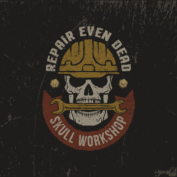 Repair workshop logo in a grunge style. Skull in helmet with wrench and banner. Textures on separate layers - easily editable.