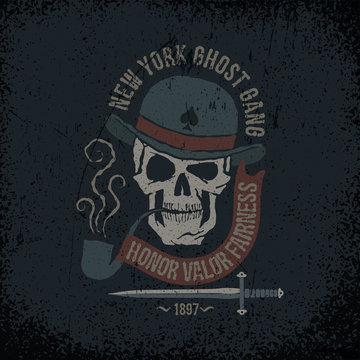 Gangster grunge logo with a skull in a bowler hat, with a pipe, dagger and banner. Textures on separate layers - easily editable.
