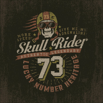 Grunge racing logo with a skull wearing a helmet and goggles. Vintage emblem with the number. Textures on separate layers and can be easily disabled.