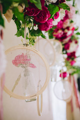 Wedding ceremony decoration. Table flowers decor. wedding arch decorated with flowers.