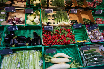 Vegetable stand.  Fresh and organic vegetables at farmers market