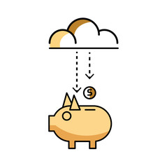 Piggy bank with stock of money and clouds. flat line design elements. vector