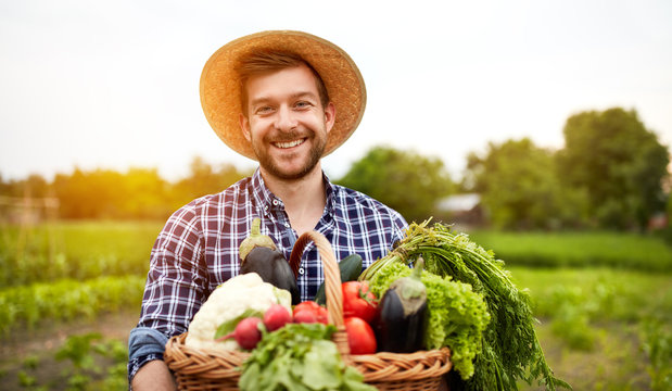 Cheerful farmer with organic vegetables
