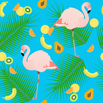 Seamless texture , flamingos in the background of leaves and fru