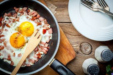 Fried eggs with chopped sausage.