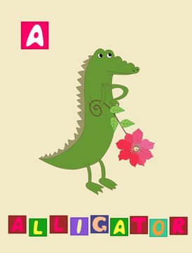 Cute cartoon english alphabet with colorful image and word. Kids vector ABC. Letter A.