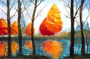 Autumn landscape. Watercolor illustration. - 119749817