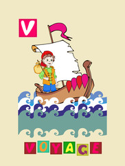 Obraz na płótnie Canvas Cute cartoon english alphabet with colorful image and word. Kids vector ABC. Letter V.