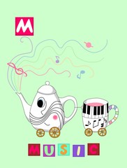 Obraz premium Tea history. Cute cartoon english alphabet with colorful image and word. Kids vector ABC on green background. Letter M. Music.