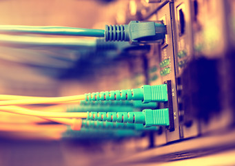 Fiber Optic cables connected to an optic ports and Network cable