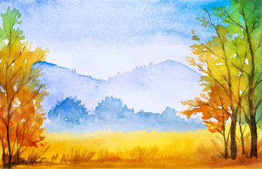 Autumn landscape. Watercolor illustration. - 119750070
