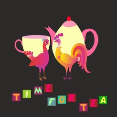 Time for tea. Fairy tea party. Rooster with teapot and hen with  teacup. Vector illustration.