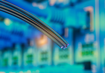 optical fibres dinamic flying from deep on technology background