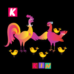 Year of the rooster. Cute cartoon english alphabet with colorful  image and word. Kids vector ABC. Letter K
