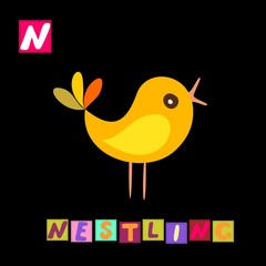 Year of the rooster. Cute cartoon english alphabet with colorful  image and word. Kids vector ABC. Letter N