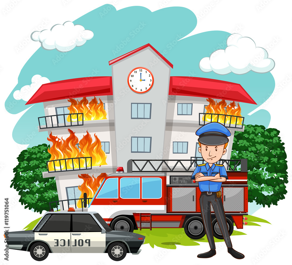 Canvas Prints Policeman and fire at the building