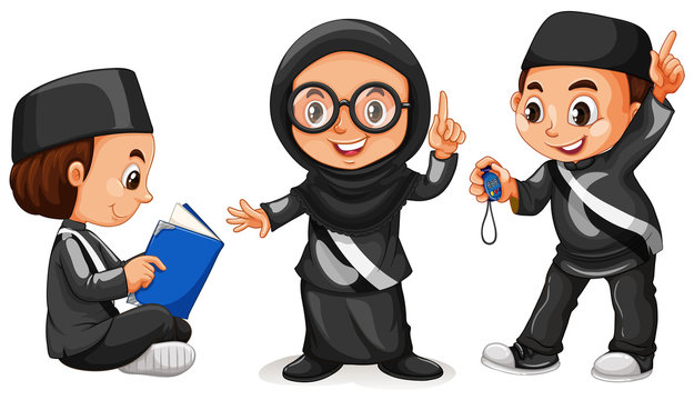 Three muslim kids in black costume