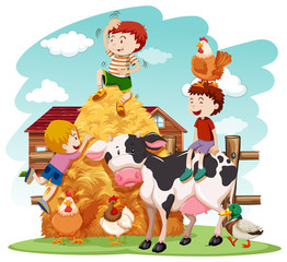 Kids playing with farm animals in field