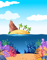 Fototapeta na wymiar Scene with island and coral underwater