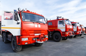 Fototapeta na wymiar New Russian fire trucks are ready to fight with fire.
