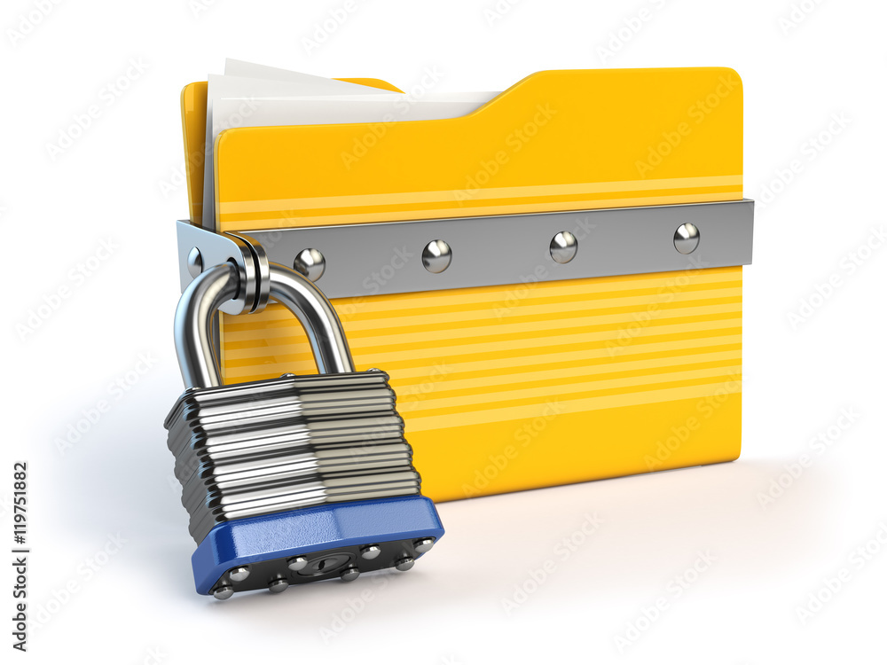 Poster yellow folder and lock. data and privacy security concept. infor