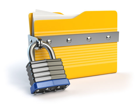 Yellow folder and lock. Data and privacy security concept. Infor