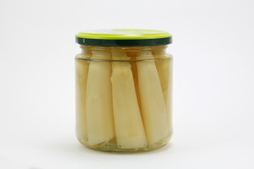 Canned asparagus in a glass jar