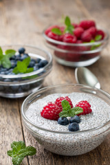 chia pudding with raspberries and blueberries