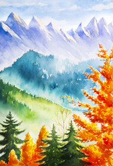 Autumn landscape. Watercolor illustration. - 119753206