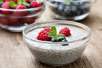 chia pudding with raspberries and blueberries