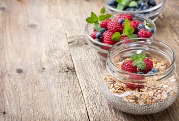  Chia pudding with muesli, raspberries, blueberries