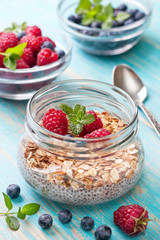  Chia pudding with muesli, raspberries, blueberries