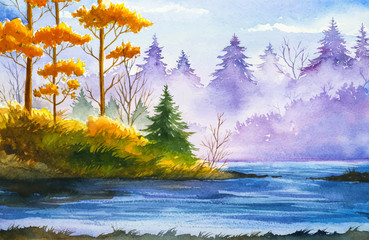 Autumn landscape. Watercolor illustration. - 119753449
