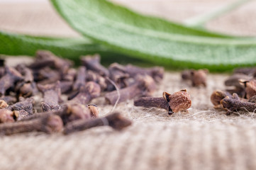 Cloves on burlap fabric with leaves in the background with faded effect