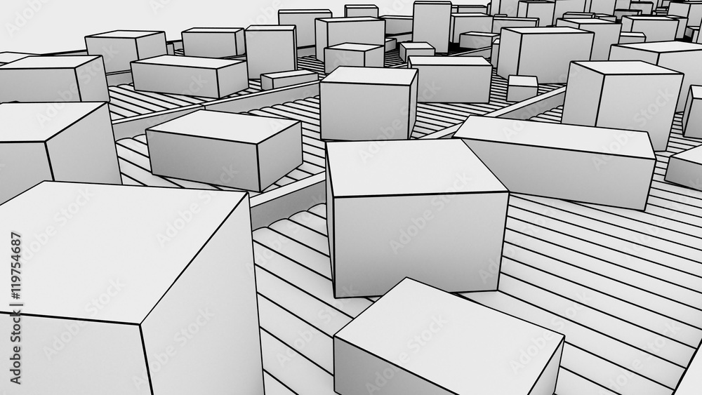 Aufkleber many different sized cartons moving on conveyors, sketchy. 3d rendering