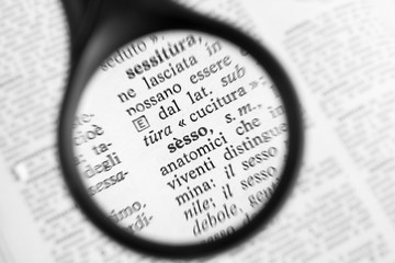 Una lente d'ingrandimento sopra un vocabolario evidenzia la parola "sesso".