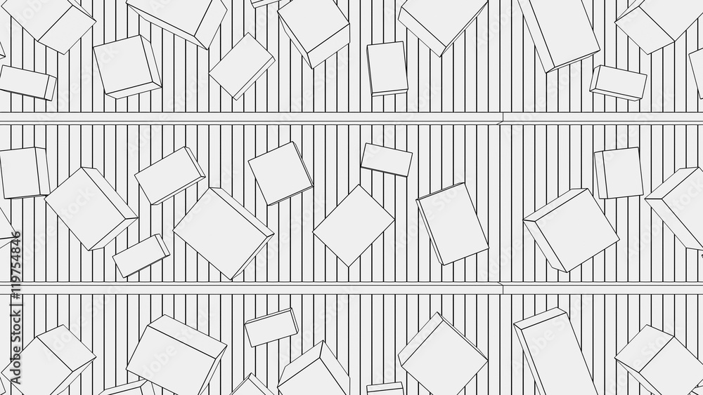 Poster various simplified boxes moving on conveyors, view from above, sketchy. 3d rendering