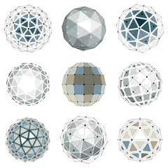 Set of vector low poly spherical objects with connected lines an