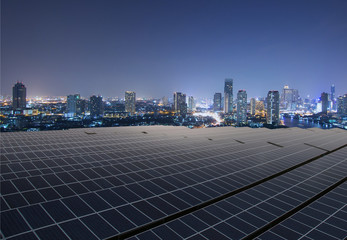 Solar panel,Solar farm with twilight cityscape