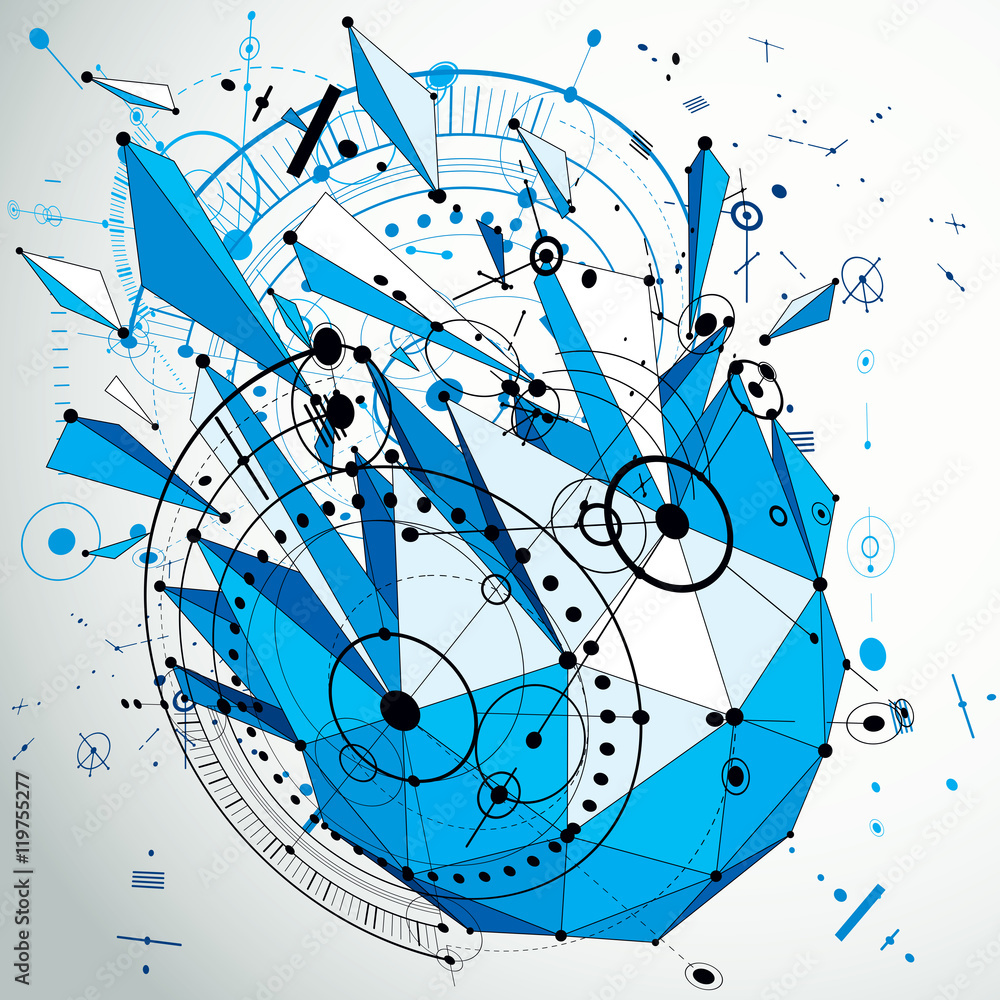 Poster technical drawing made using lines mesh and geometric circles. b