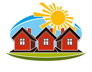 Bright vector illustration of simple country houses on sunrise b